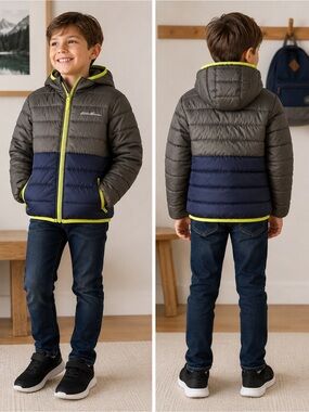 Eddie Bauer Kids REVERSIBLE Packable Down Puffer Jacket Hooded- Small- 7/8